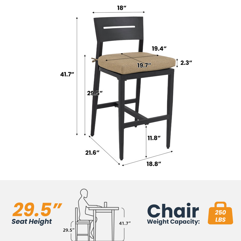 Tabourets de bar modernes en aluminium (lot de 2), pieds fuselés, repose-pieds, ergonomiques, noir lustré, coussin inclus, pour extérieur, terrasse et jardin.