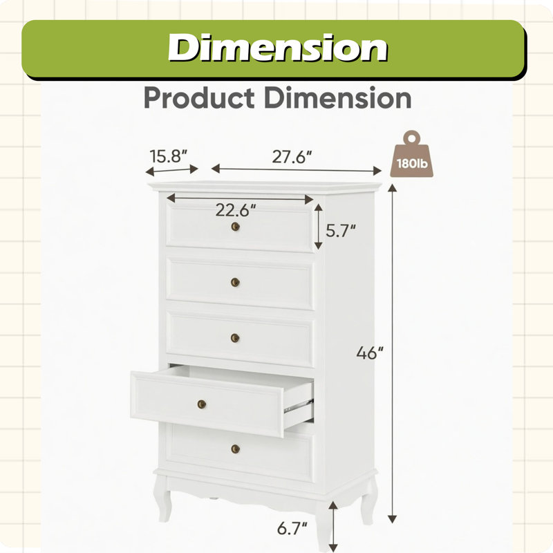 Commode 5 tiroirs 27,6 po de largeur