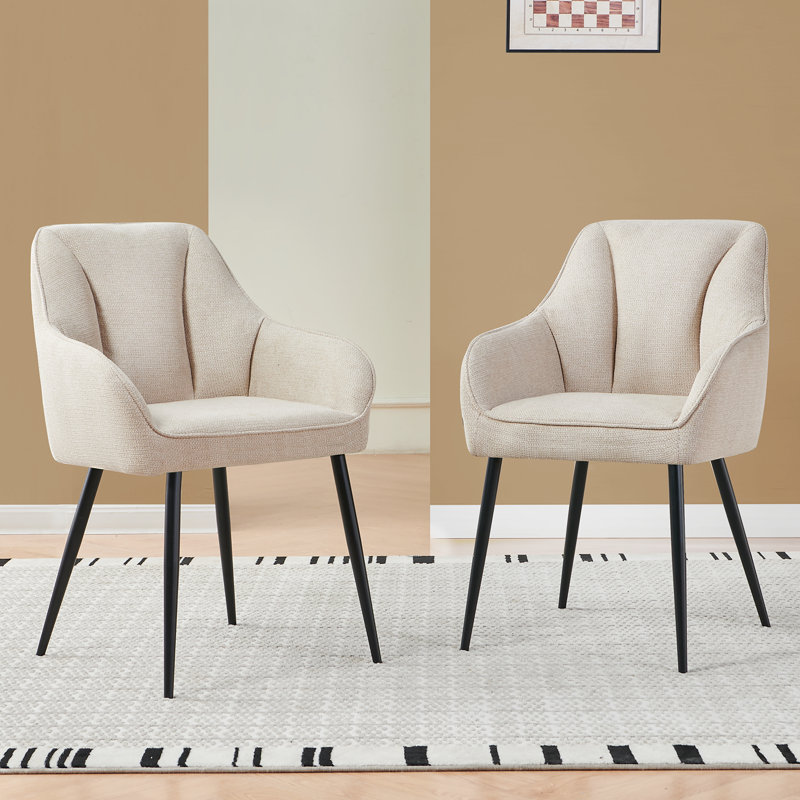 Modern Fabric Upholstered Armchair Dining Chairs with Arm & Curved Back, Beige
