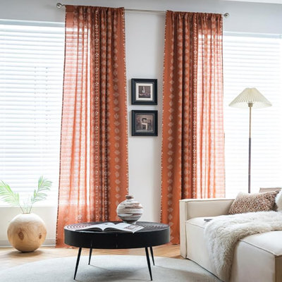 ENJOYBRIDAL Burnt Orange Window Curtains 63 Inch Long Short Boho Terracotta Drapes 2 Panels Bedroom Rod Pocket Rust Semi Sheer Curtain Panels Floral Patterned Country Room Decor Window Treatments