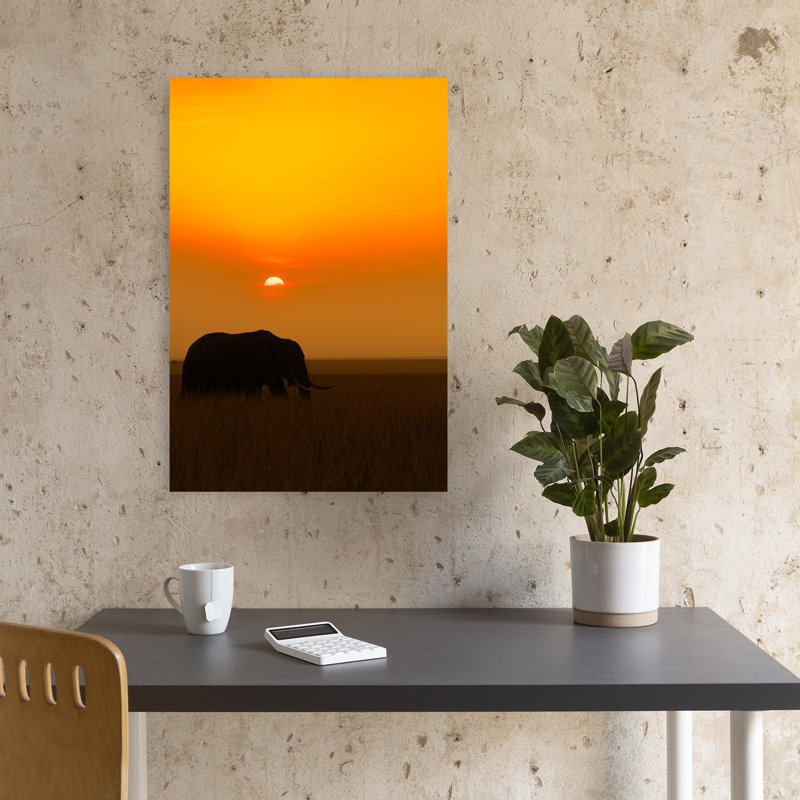 Elephant Sunset Silhouette Abstract Contemporary Landscape Nature Wall Art Print 1 Piece Wrapped Canvas Wall Art