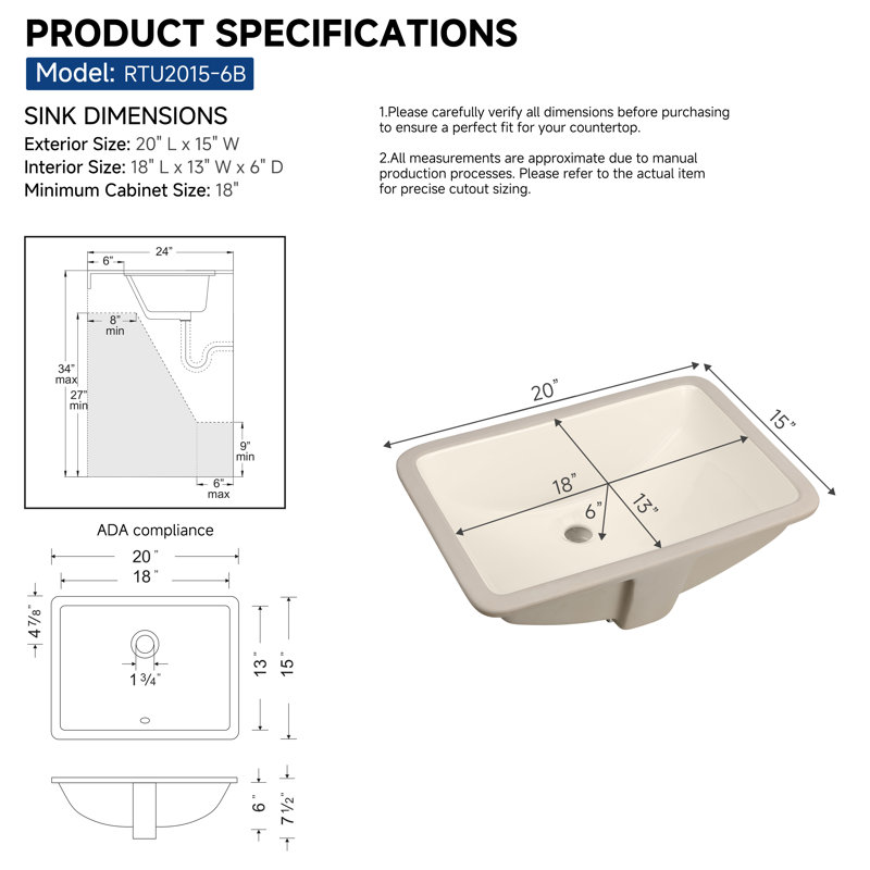 Wells Sinkware Rectangular 20 x 15 Ceramic Undermount Bathroom Sink Vanity Bisque RTU2015-6B, Bisque