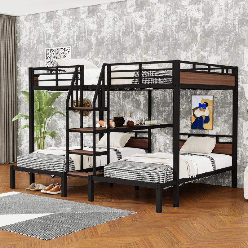 Metal Triple Bunk Bed With Storage Shelves, Queen Over Twin/Twin