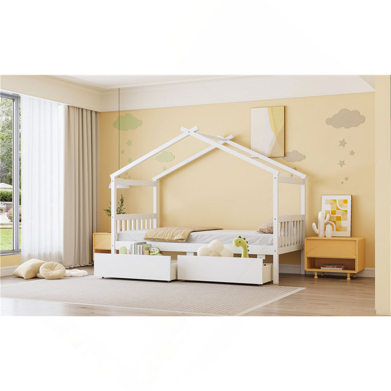 Lit en bois avec tiroirs, Lit simple, Blanc