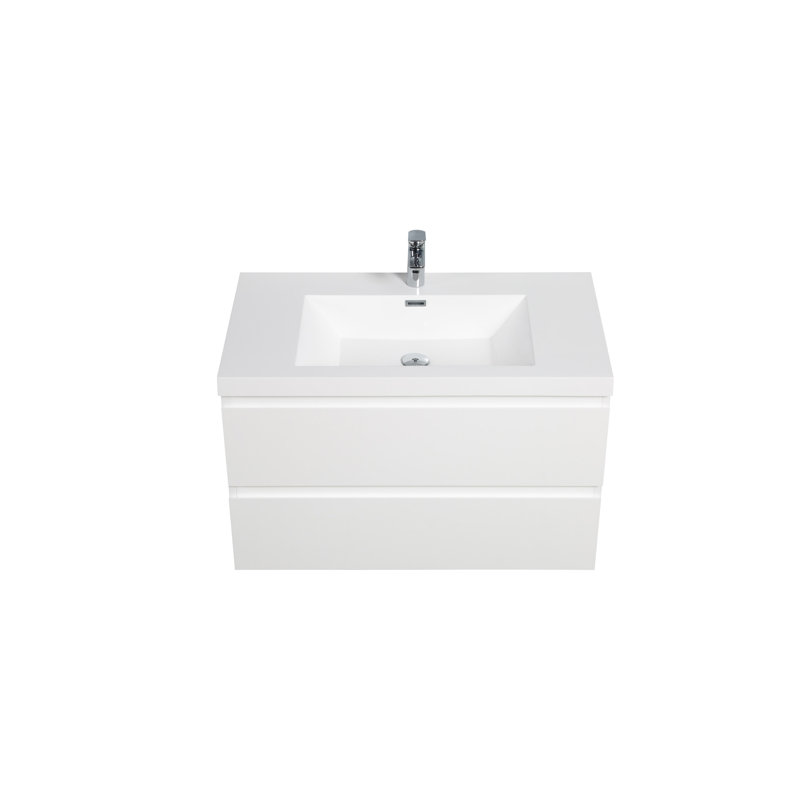 Meuble-lavabo flottant de 36 po avec lavabo, plateau en résine blanc brillant moderne et tiroirs à fermeture en douceur éblouissante, lavabo Dazzle