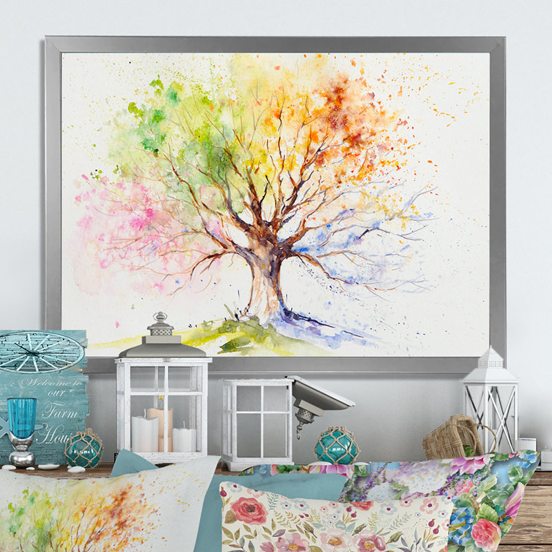 Arbre en couleurs de toutes les saisons - reproduction d'art sur toile, Cadre argenté, H 24 po x l 36 po x P 1 po