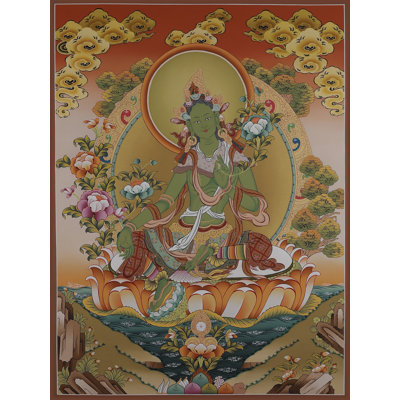 Kamalasana Goddess Green Tara - Tibetan Buddhist | Pure 24 Carat Gold With Acrylic Paint