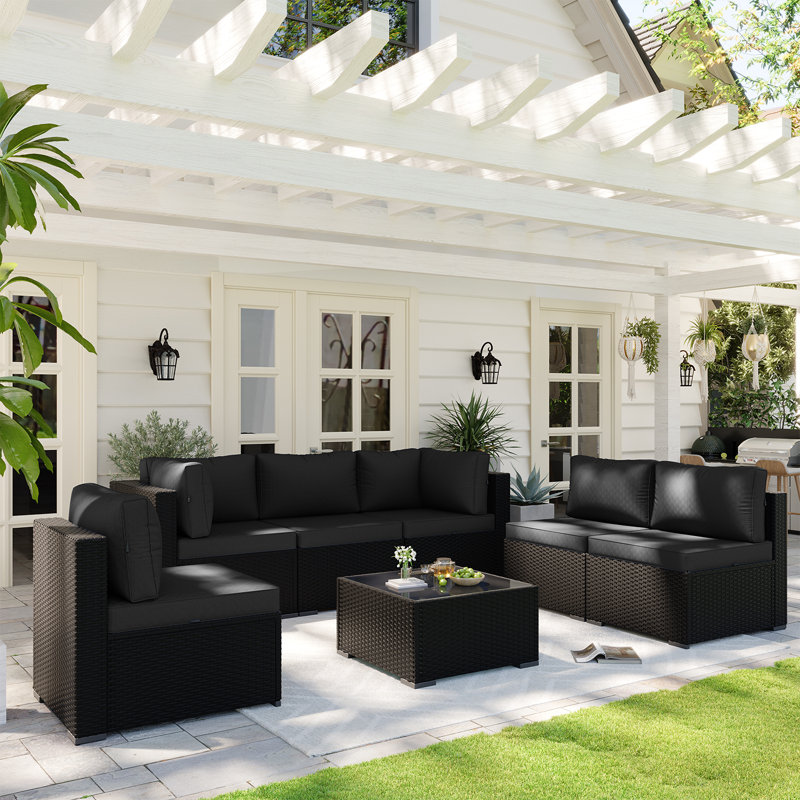 Ensemble de conversation modulaire en osier de rotin 7 pièces avec coussins 7 pièces, Black Cushion/Black Frame