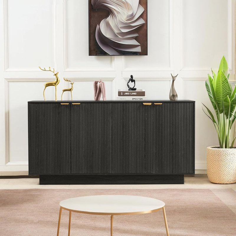63''Large Fluted Sideboard Buffet Cabinet, Modern Buffet Table Coffee Bar Wine Bar Storage Cabinet, Dark Oak