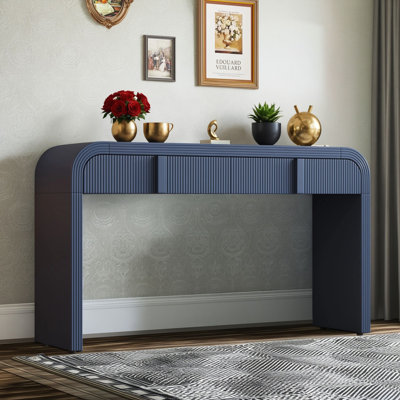 Console moderne avec 2 tiroirs de rangement, conception rainurée et contours arrondis, idéale pour les couloirs, les salons, les vestibules, bleu marine.