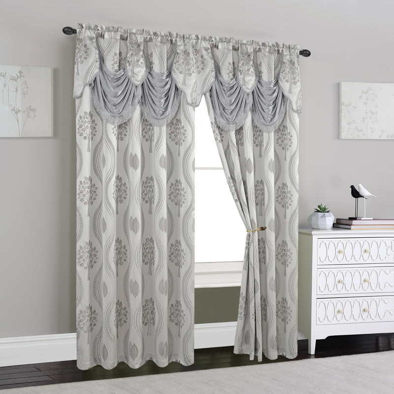 Elegant Comfort Jacquard Look Curtain Panel Set with Attached Valance 54" X 84 inch (Set of 2), Gray