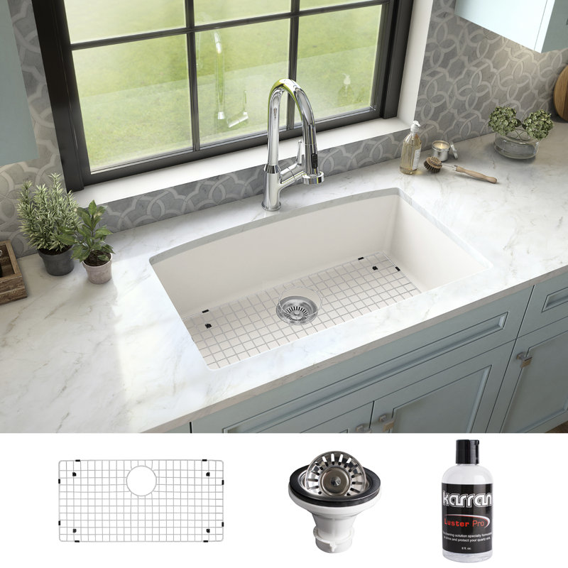 Karran Quartz 32'' X 19-1/2'' Single Bowl Undermount Kitchen Sink Kit, White