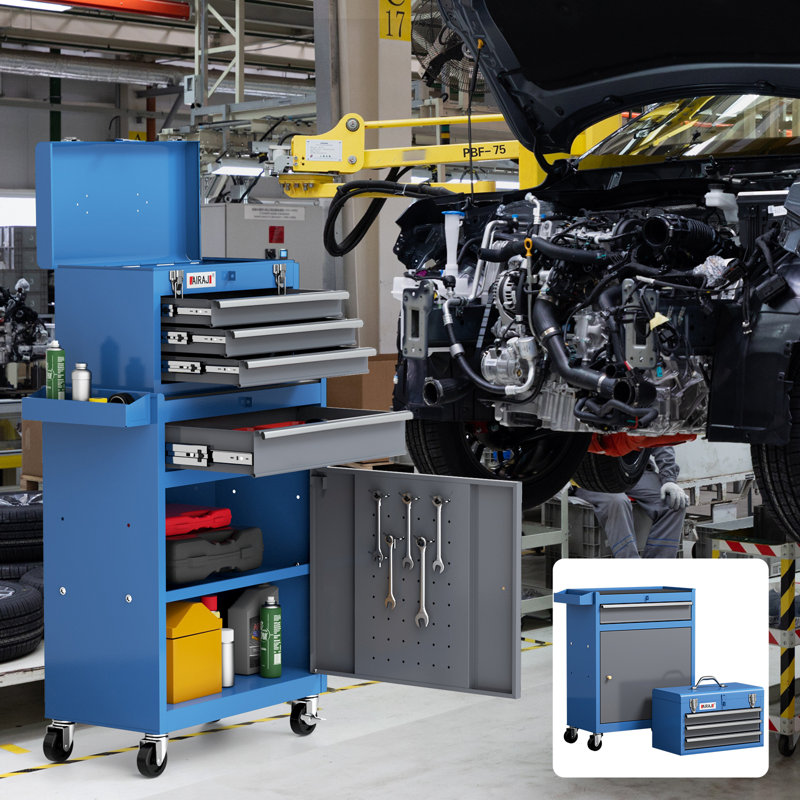 Coffre à outils robuste à 4 tiroirs avec rangement verrouillable et mobilité à 4 roues - Armoire à outils 2 en 1