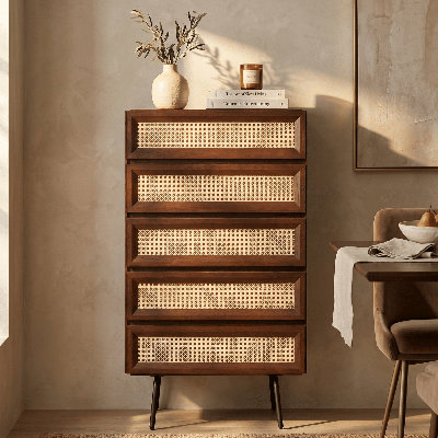 NTC Lulu Dresser Storage Cabinet with Natural Rattan, Modern Vertical Chest of Drawers, Stylish Bedroom, Mid-Century Style Organizer for Clothes and Accessories, Easy Assembly