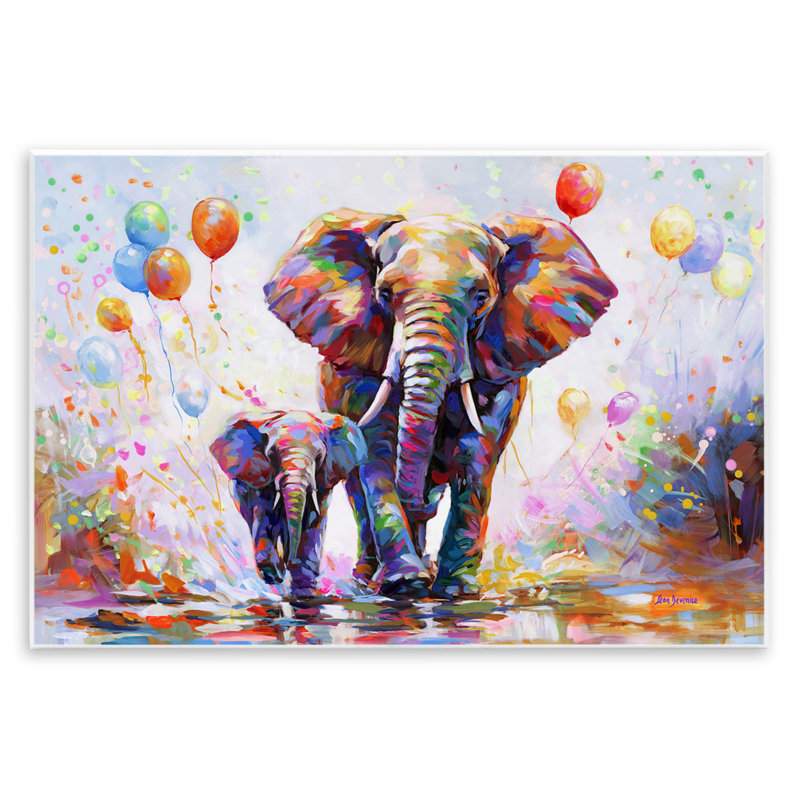 Éléphants et ballons, art mural par Leon Devenice, H 13 po x l 19 po