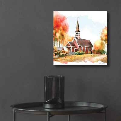  «Countryside Autumn Church 2» par Nicole DeCamp, art mural en verre acrylique, 12 po x 12 po