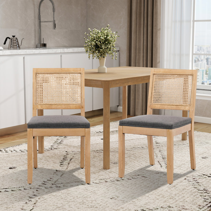 Chaise d'appoint avec chaises en bois massif et dossier en rotin (ensemble de 2), Gris