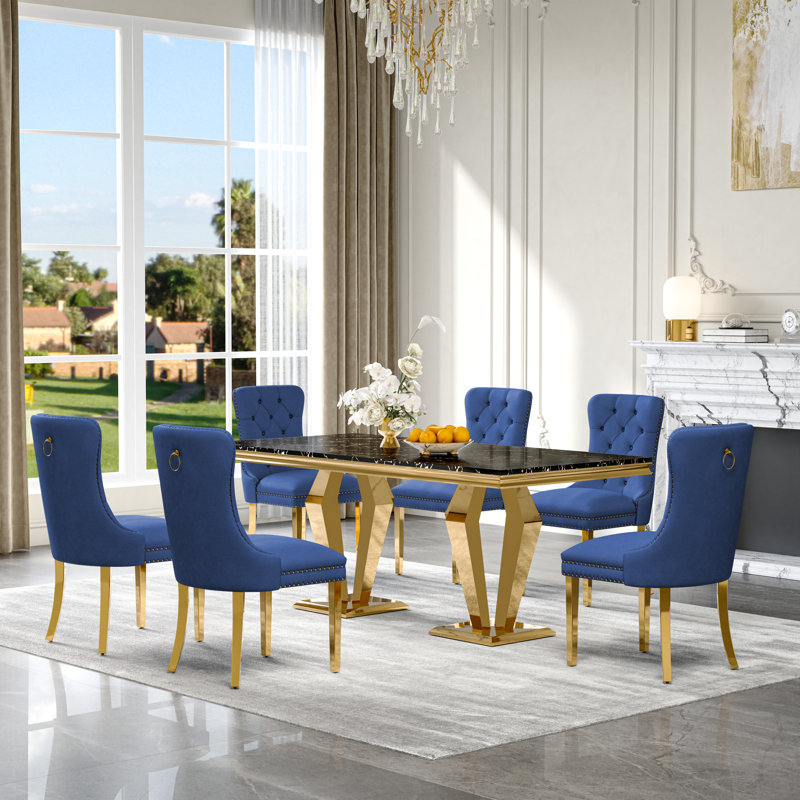 7-Piece Dining Table Set, Marble Veneer MDF Table with 6 Velvet Dining Chairs – Modern Dining Set for 6, Black/Gold/Blue/Gold