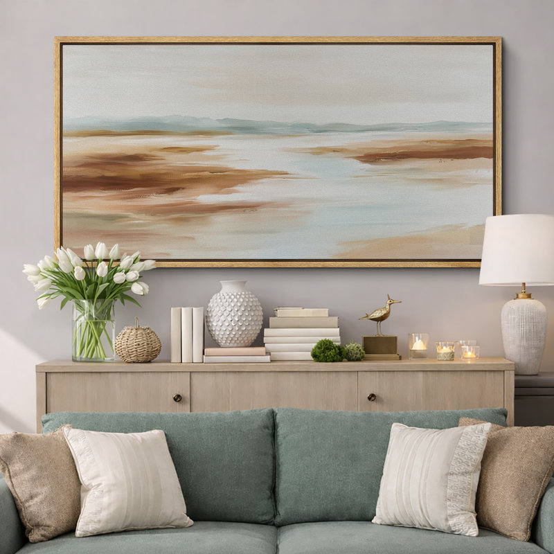 "Soft Neutral", paysage côtier abstrait, très grandes photos, impression sur toile encadrée, Naturel, H 30 po x l 60 po