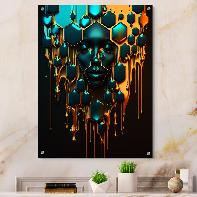 Art hexagonal avec visage de femme II - art mural mode en acrylique pour le salon, H 32 po x l 24 po