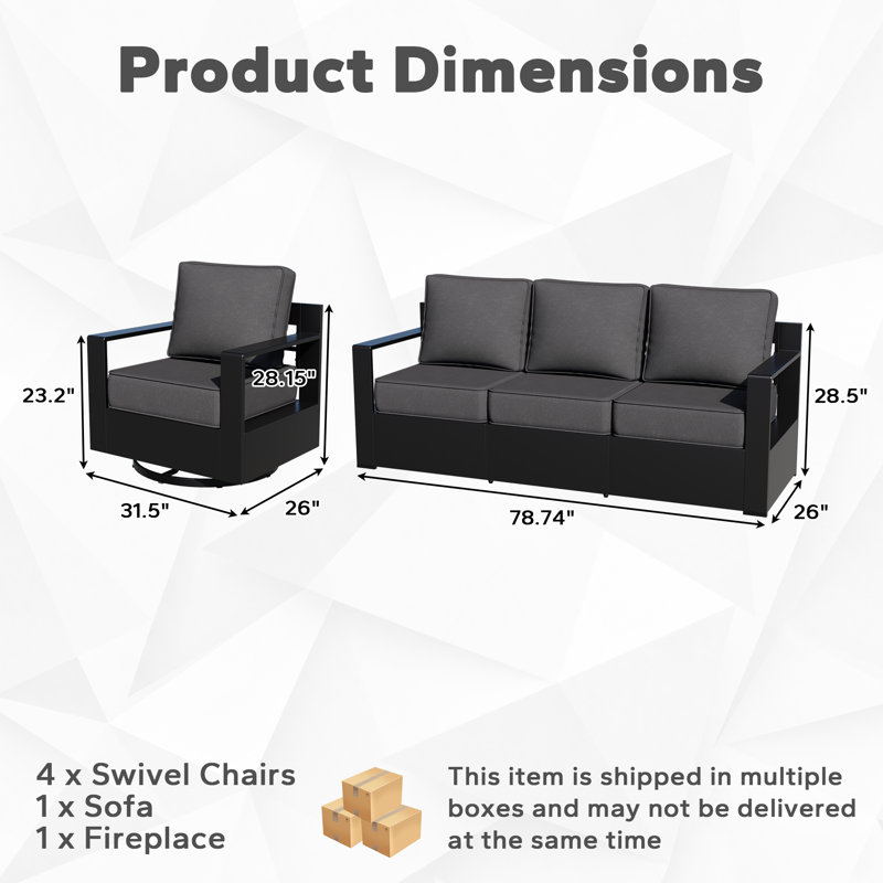 Ensemble de conversation pour patio en aluminium 7 personnes avec foyer, canapé, 4 chaises pivotantes et coussins gris Abdullah