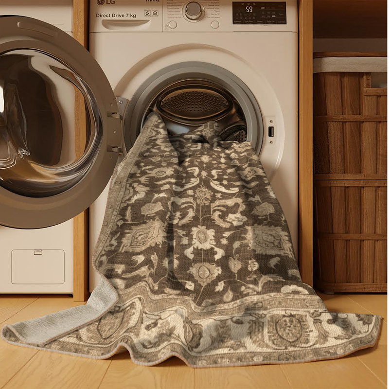 Tapis beige surteint lavable à la machine, Rond 8 pi