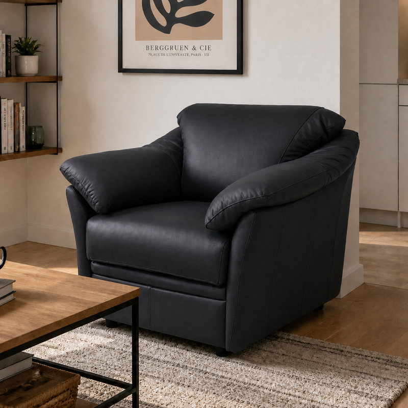 Chaise en cuir fleur Ramdev, Cuir véritable noir, H 34 po x l 39 po x P 36 po