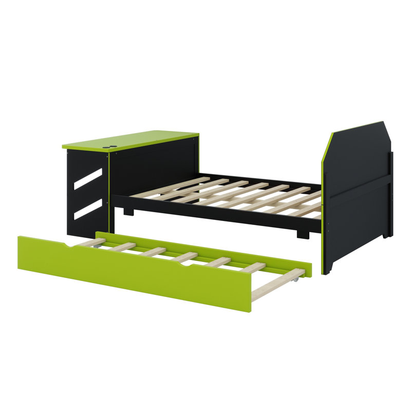 Lit de jour en bois avec couchette, bureau et port USB, Vert
