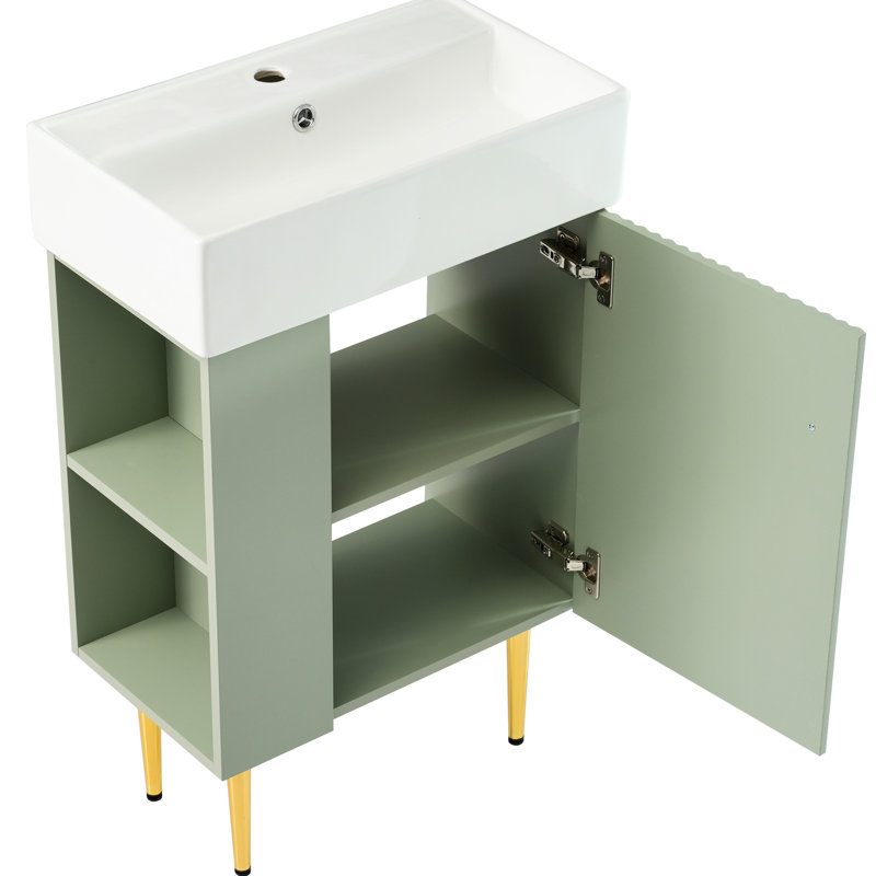 Meuble-lavabo moderne avec lavabo en céramique et support de rangement pour armoire à gauche, Green