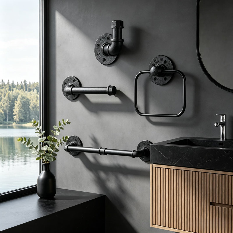 Ensemble de quincaillerie de salle de bain industrielle 4 pièces - Ensemble de porte-serviette mural, barre, crochet et support avec finition résistante à la rouille pour un décor de salle de bain moderne