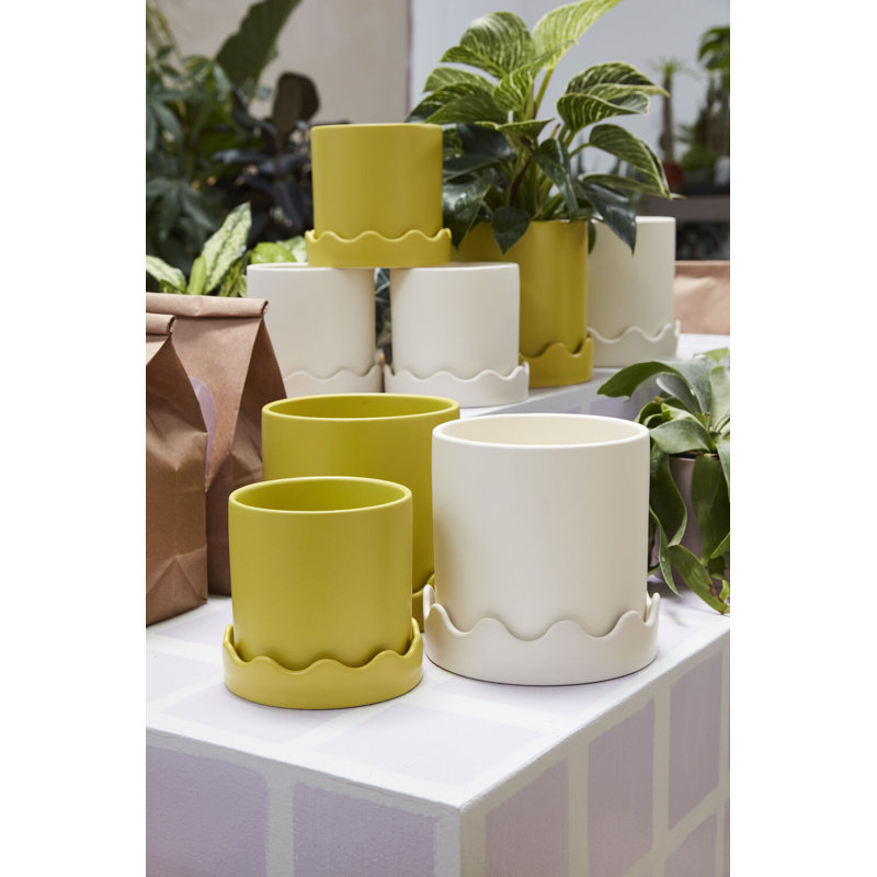 Winterview Pot with Saucer 7.5"x 7.25", Yellow, 7.25" H x 7.5" W x 7.5" D