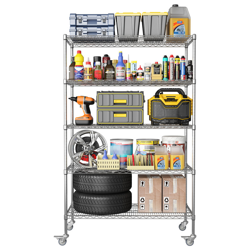 Tablette réglable en métal avec roulettes 47 po x l 24 po x 72 po - pour garde-manger, garage, cuisine, buanderie, tablettes à 5 niveaux et roulettes 45,98 po x 23,47 po 71,75 po, rangement pour garde-manger robuste