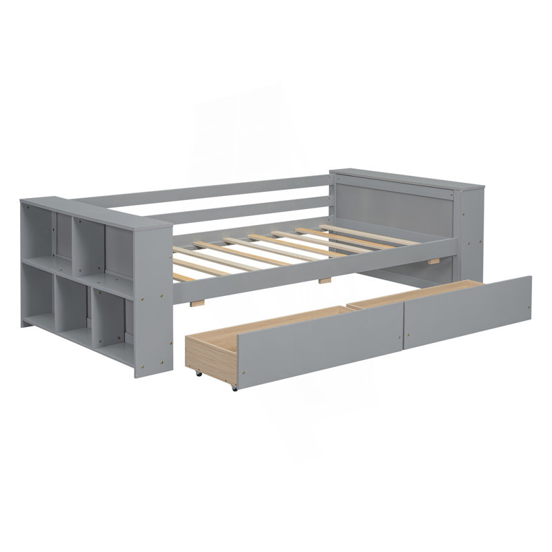 Lit de jour moderne simple avec tablettes et tiroirs, Gris