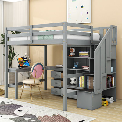 Full-Size Loft Bed With L-Shaped Desk, Storage Staircase, And Drawers