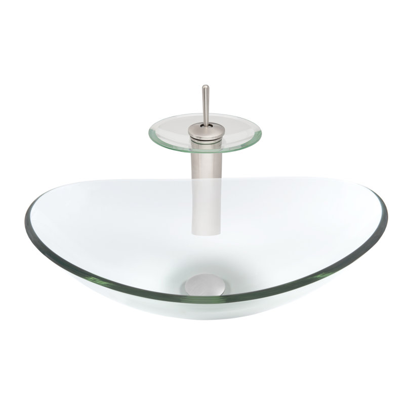 Novatto 14.5'' Glass Oval Bathroom Sink with Faucet, Clear Brushed Nickel