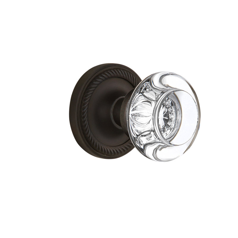 Rosette en corde avec poignée de porte ronde en cristal transparent, Bronze frotté à l'huile, 2 3/8 po