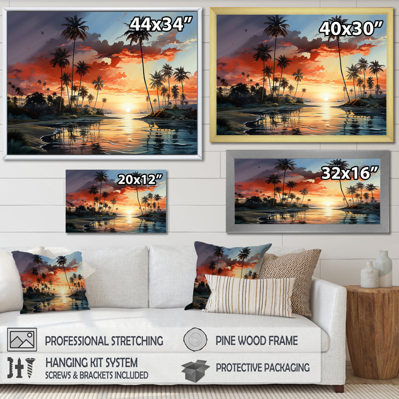 Palmiers, palmiers, sérénité, coucher de soleil sur toile, Cadre flottant noir, H 16 po x l 32 po x P 1 po