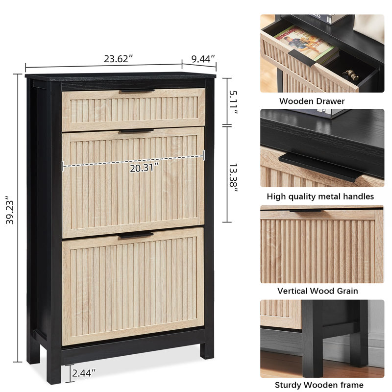 Slim 2-Drawer Flip-Top Entryway Shoe Cabinet, Black/Oak