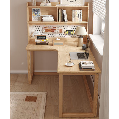 Bureau en bois massif en forme de L Burlywood + blanc + fer