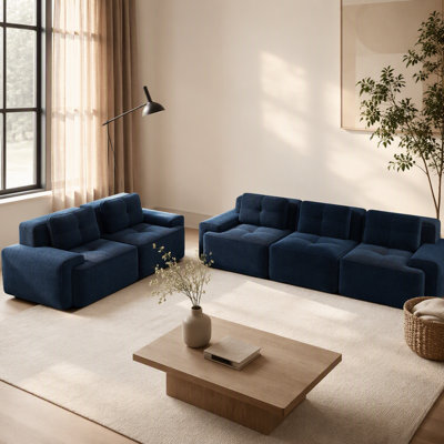 Ensemble de canapé modulaire à assise profonde avec une combinaison deux places + trois places, fabriqué en tissu de velours côtelé, passepoil perlé, conception touffetée, sans assemblage, conception antidérapante, bleu