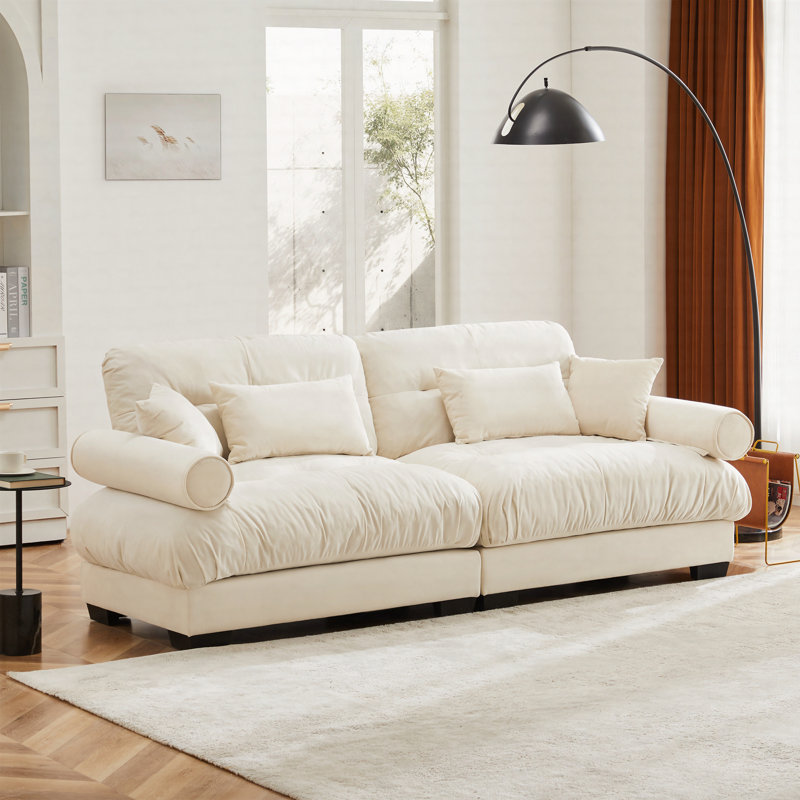 Modern Two-Seater Sofa With Bolstered Armrests, Velvet 2-Seater Sofa With Waist Pillows And Throw Pillows, Cream