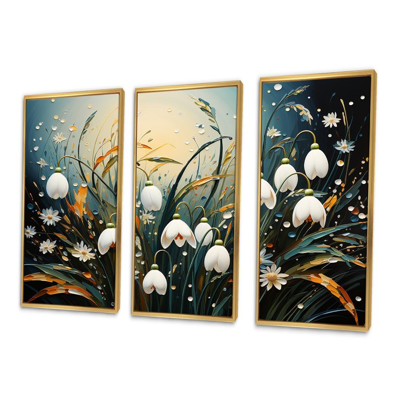 Ensemble de salon de montagne Mountain Snowdrops Charm In Winter - Snowdrops Wall Art, Cadre flottant doré
