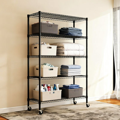 Étagère en fer robuste à 5 niveaux avec hauteur réglable, capacité de 1 750 lb, roues mobiles, convient au garage et à la cuisine, conception américaine, tablettes en fil ouvert, bureau de rangement en métal