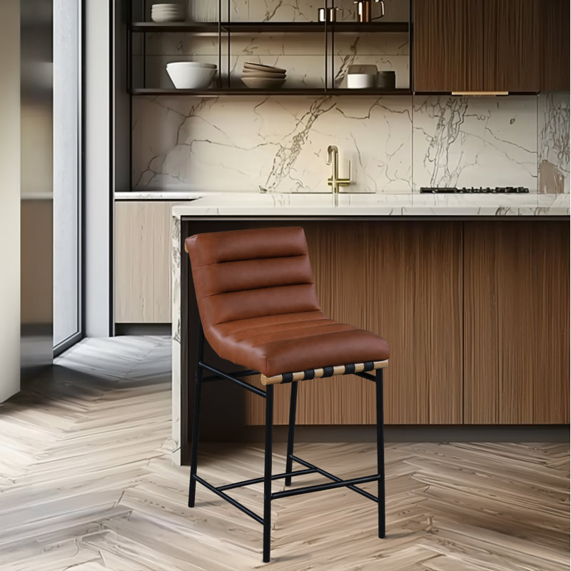 Tabouret de comptoir Vincentas, Similicuir cognac, Tabouret de comptoir (siège d'une hauteur de 26,4