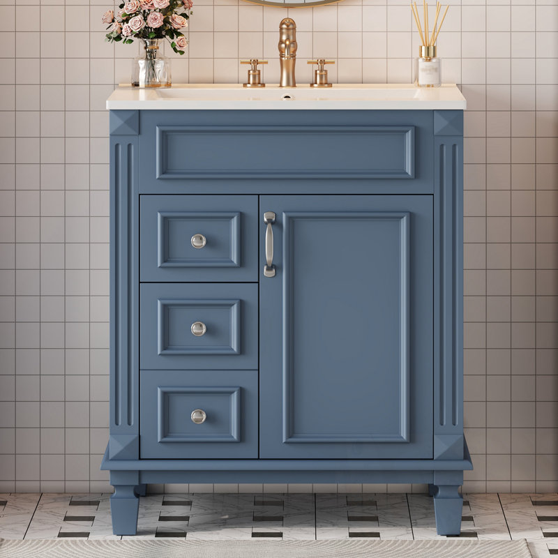 Meuble-lavabo avec lavabo, 2 tiroirs, poignÃ©es en mÃ©tal et tablette rÃ©glable, Bleu