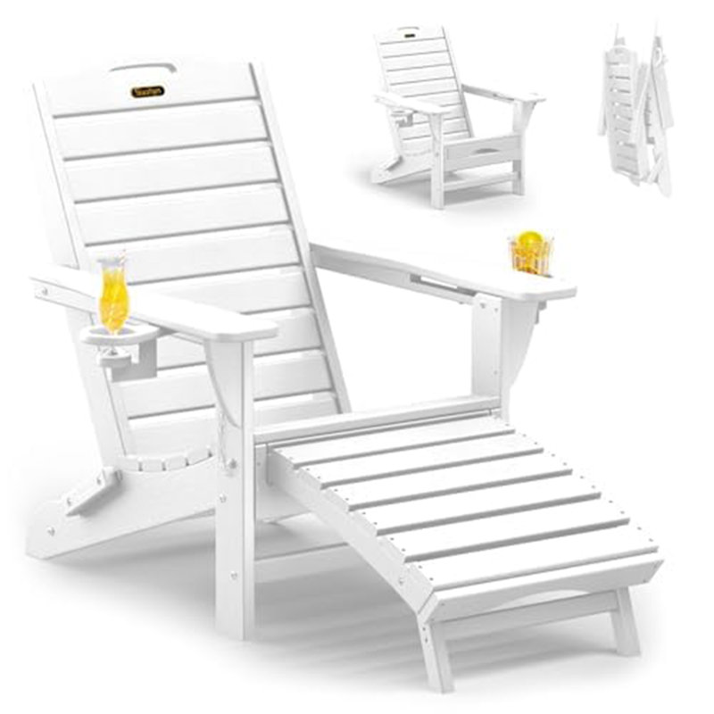 Folding Adirondack Chair with Retractable Footrest, Patio Chair with 2 Cup Holders, White