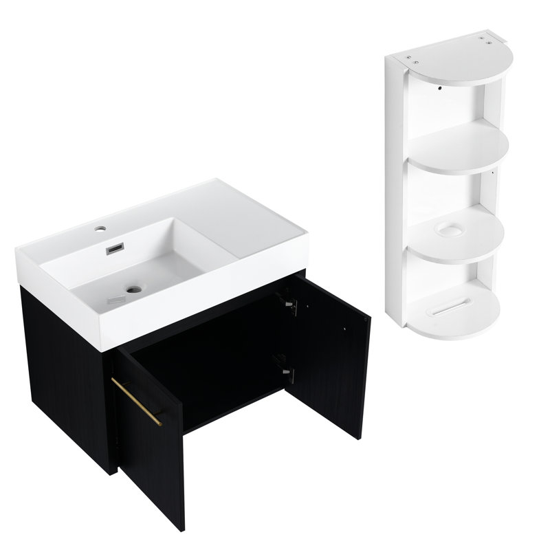 Armoire de salle de bain de 30 pouces avec lavabo en résine à rebords épais, capacité de rangement à double porte, charnières à fermeture en douceur, et trois supports séparés, meuble-lavabo de couleur châtaignier noir, espace, assorti