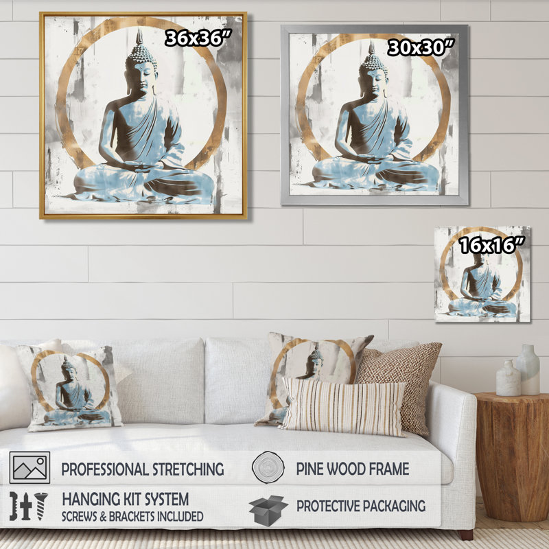 Bouddha doré gris et doré, réflexion V, Cadre simple noir, H 16 po x l 16 po x P 1 po