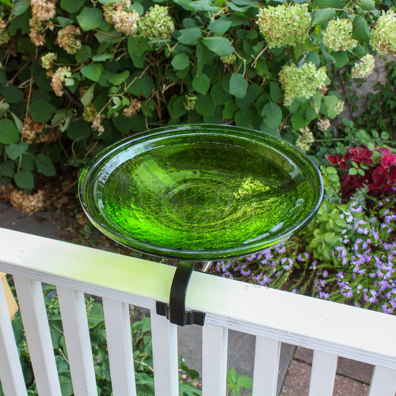 Fern Green Crackle Glass Birdbath with Wrought Iron Bracket