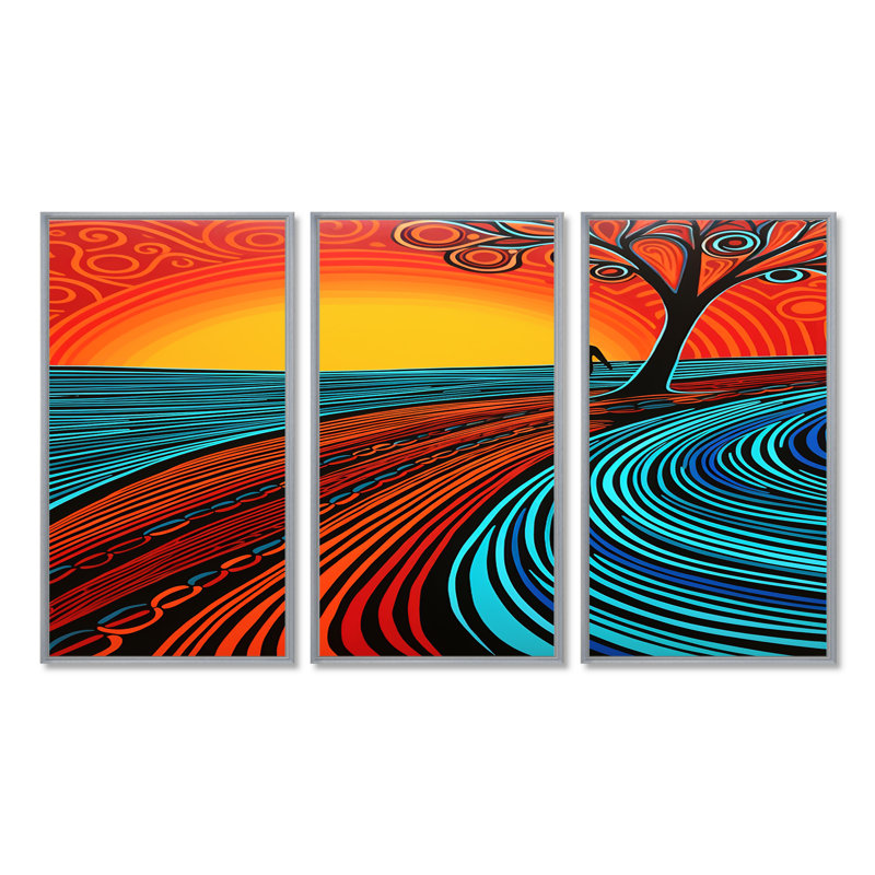 Ensemble de salon d'art mural rouge Red Country Road Into The Sunset - Minimalisme, Encadrement argenté